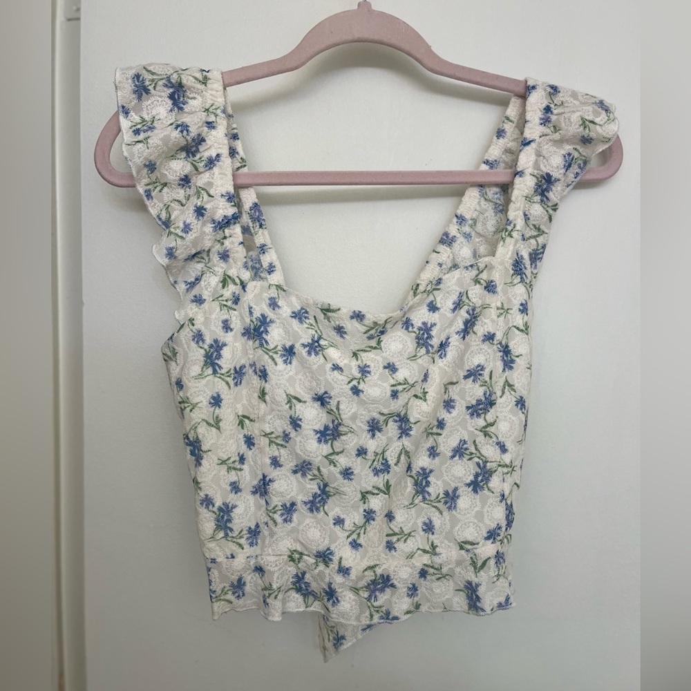 Floral Ruffle Sleeve Top - White and Blue